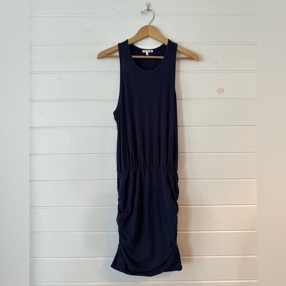 Sundry Anthropologie Ruched Racerback Navy Blue Tank Cotton Mini Dress Sz 3 (L) - Picture 4 of 11